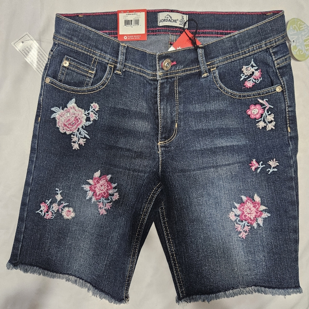 Jordache Girls 16 Denim Bermuda Pink Floral Embroidery Frayed Hem